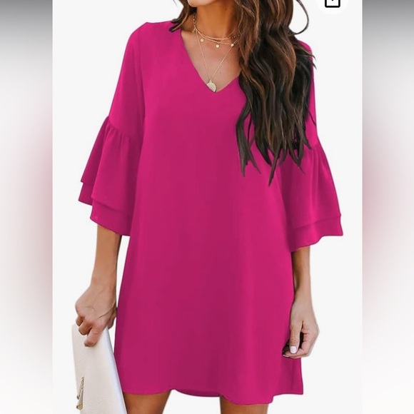 Belongsci Pink Summer V‎ Neck Bell Sleeve Shift Mini Dress Size Small NWOT - Picture 4 of 11